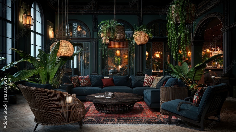 Obraz premium Cozy and stylish living room with plants, dark decor, and a warm ambiance in a modern setting