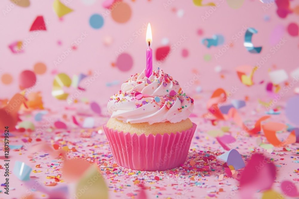 a fun and playful vanilla cupcake with whipped cream and a bright pink candle a fun and playful vanilla cupcake with whipped cream and a bright pink candle