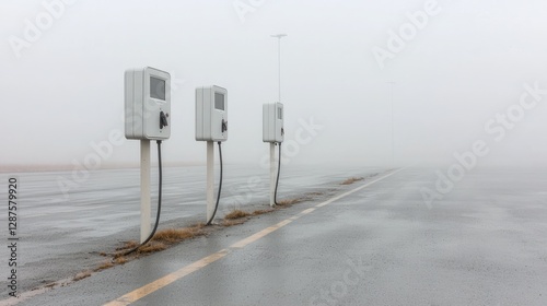 Foggy airfield charging stations, wet tarmac. Use Transportation