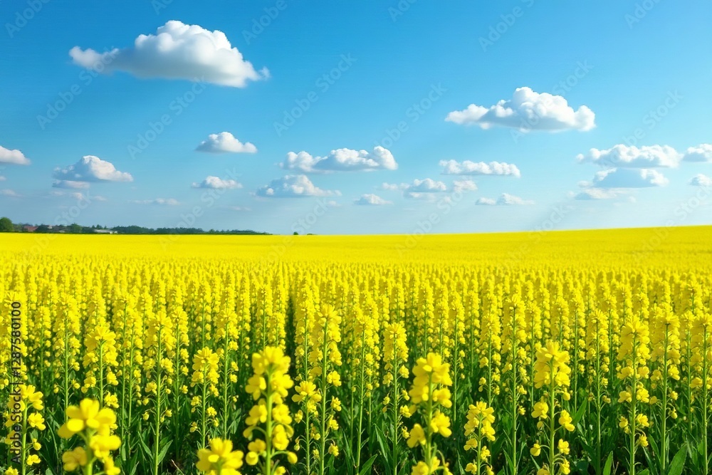 Fototapeta premium Panoramic view of endless yellow rape flower fields under blue sky, environment, rural, scenic