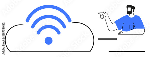 Large cloud with wireless signal waves, person in blue shirt pointing right. Ideal for tech support, internet services, cloud technology, connectivity, online guidance, digital communication