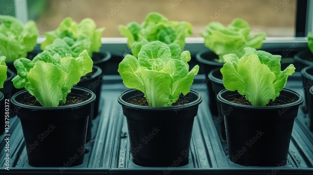 Fresh Green Lettuce Growing in Black Pots in a Greenhouse Setting Fresh Green Lettuce Growing in Black Pots in a Greenhouse Setting