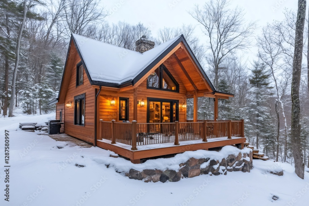 Cozy wooden cabin glowing in snowy winter wonderland at dusk Cozy wooden cabin glowing in snowy winter wonderland at dusk