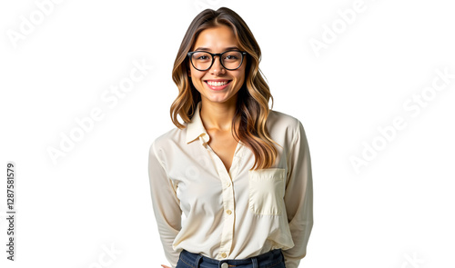 Smiling young businesswoman portrait with glasses, isolated on transparent background. Cheerful, approachable for business, education, website avatars. Studio shot, bright lighting.