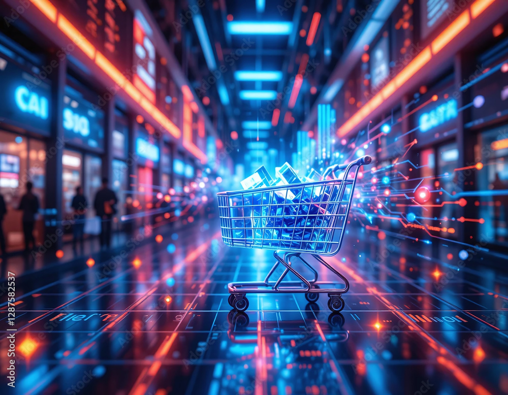 A futuristic digital marketplace with real-time global transactions and a glowing shopping cart concept visualizing seamless online purchases. A futuristic digital marketplace with real-time global transactions and a glowing shopping cart concept visualizing seamless online purchases.