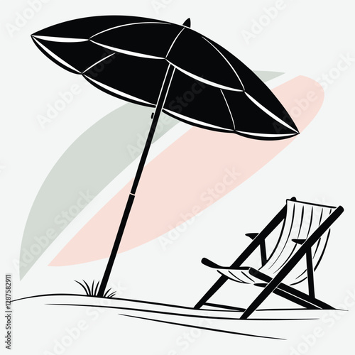 Minimalist silhouette of a beach umbrella and chair  design vector art and illustration