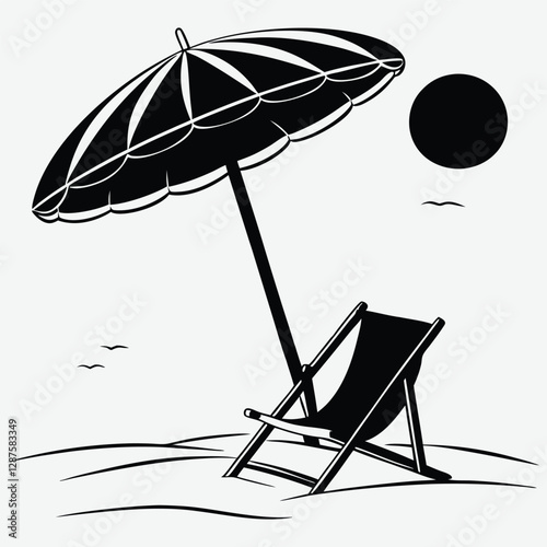Minimalist silhouette of a beach umbrella and chair  design vector art and illustration