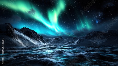 Majestic northern lights illuminate a snowy landscape with mountains under a starry sky