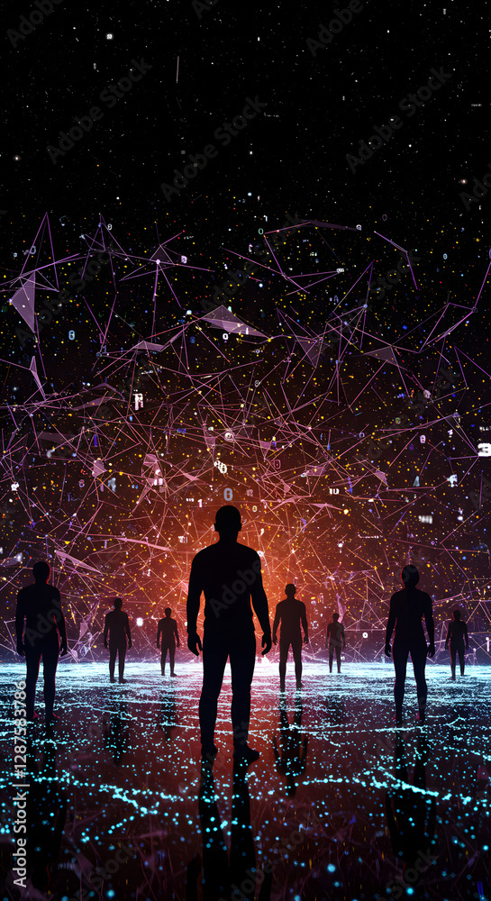 Obraz premium Silhouetted figures stand prominently within a vast networked digital world we navigate today.