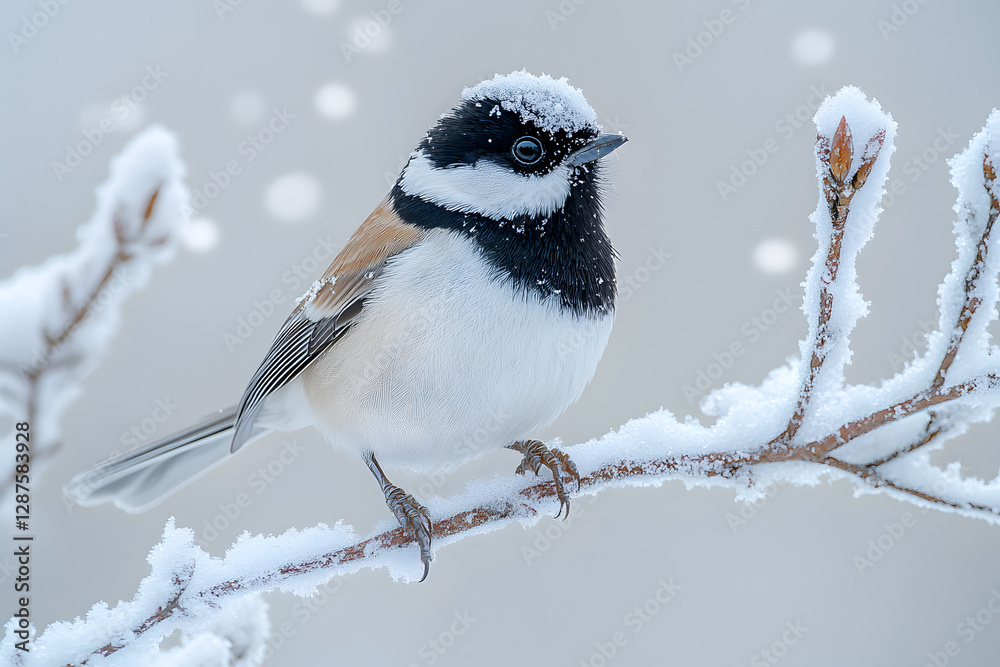 Naklejka premium A tiny bird, its feathers fluffed up against the cold, perches delicately on a snow-covered branch