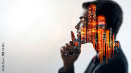 Profile Silhouette of Businessman with Urban Cityscape Overlay