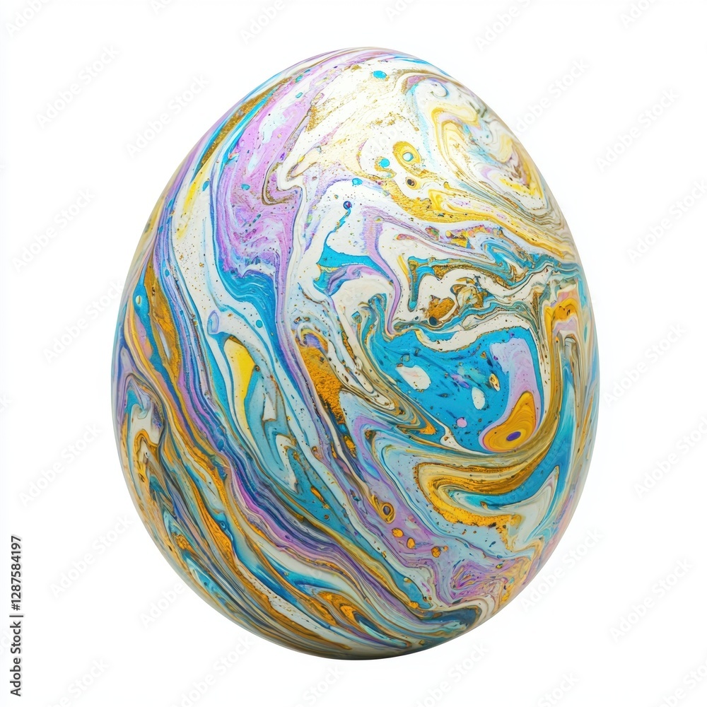 Happy Easter fluid art egg with swirling marble paint patterns dynamically blending together isolated on white background