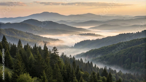 A breathtaking mountain landscape with a misty lake, lush greenery, and golden sunlight creating a peaceful ambiance.
