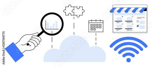 Hand holding magnifying glass over chart, cloud linking puzzle piece, calendar, website, wireless symbol. Ideal for business operations, digital integration, cloud computing, productivity internet