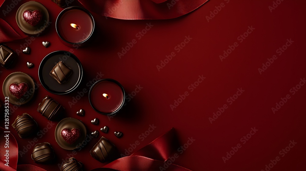 Fototapeta premium Romantic Valentine s Day Background Red Candles Chocolates Ribbon
