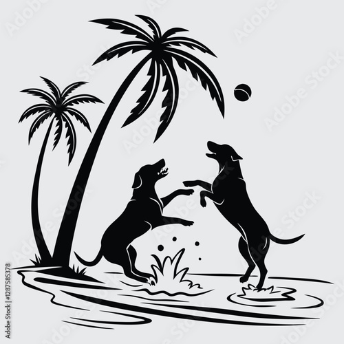 Photography Two dogs playing fetch in the water under palm trees silhouette design vector ar