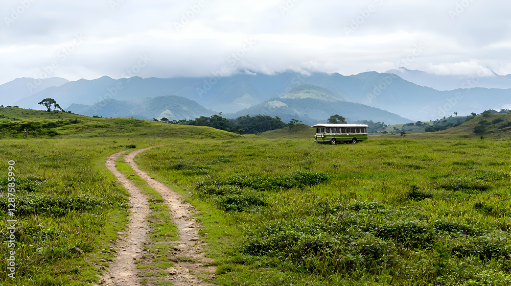 Obraz premium Serene Green Grassland Landscape with Distant Mountains under an Overcast Sky