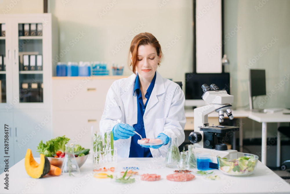 Scientist testing food samples in lab with microscope, vegetables, and meat for safety, nutrition, and biotechnology Scientist testing food samples in lab with microscope, vegetables, and meat for safety, nutrition, and biotechnology