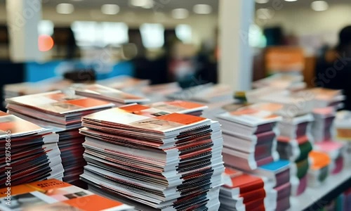 Office brochures stacked, display, busy background, marketing materials