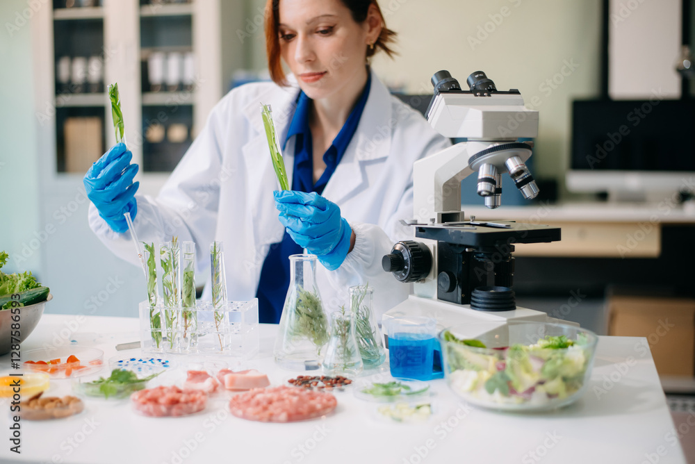Scientist testing food samples in lab with microscope, vegetables, and meat for safety, nutrition, and biotechnology Scientist testing food samples in lab with microscope, vegetables, and meat for safety, nutrition, and biotechnology