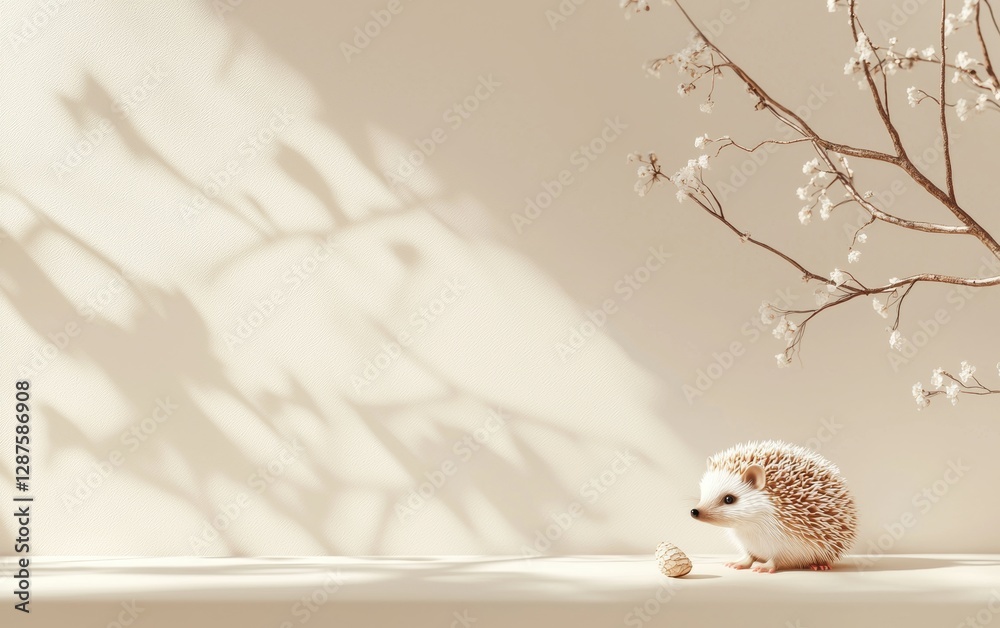 Obraz premium Hedgehog on a soft beige 3D background minimalistic mockup with space for text