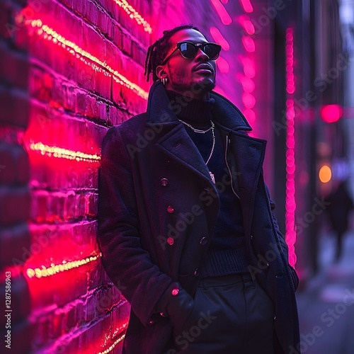 Stylish Urban Character Leaning Against Glowing Brick Wall in Confident Pose