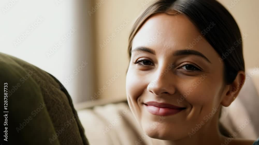 Psychological portrait of a peaceful young Caucasian woman at home. A calm young woman reflects inner peace in her serene and cozy home surroundings. Psychological portrait of a peaceful young Caucasian woman at home. A calm young woman reflects inner peace in her serene and cozy home surroundings.
