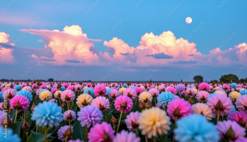 Fototapeta premium A whimsical and vibrant field of multicolored flowers stretches towards a serene twilight sky, where fluffy clouds catch the soft light of the setting sun