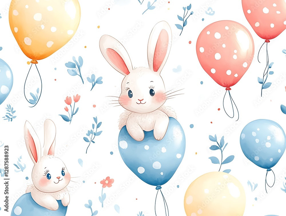 Cute bunnies with balloons, seamless pattern Cute bunnies with balloons, seamless pattern