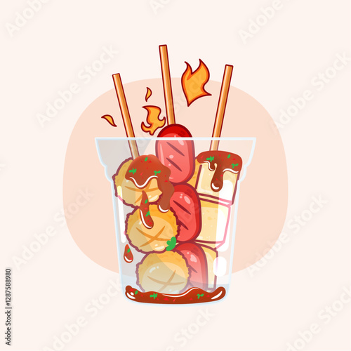 Deep fried meatballs logo cartoon design. 
Look-chin-tod street food Thailand. Hand drawn vector illustration premium.