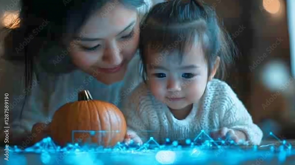 Fototapeta premium Mom and Baby Inspecting Pumpkin