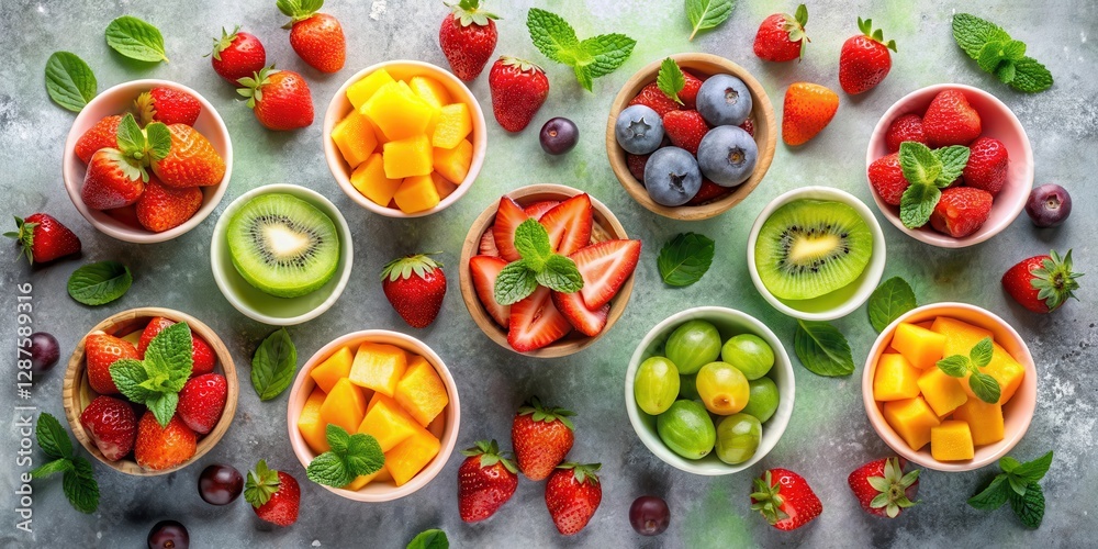 A vibrant overhead arrangement showcasing an assortment of fresh fruits in individual bowls, including strawberries, blueberries, kiwi, mango, and grapes, garnished with fresh mint leaves. A vibrant overhead arrangement showcasing an assortment of fresh fruits in individual bowls, including strawberries, blueberries, kiwi, mango, and grapes, garnished with fresh mint leaves.