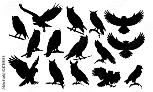 Collection of silhouettes of owls and eagle-owls birds
