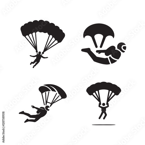 Parachuting Icons Set, Skydiving Silhouettes, Extreme Sports Symbols, Paragliding Adventure, Airborne Freefall, Sky Diving Illustrations, Aerial Sports Graphics, Outdoor Adventure Logos 