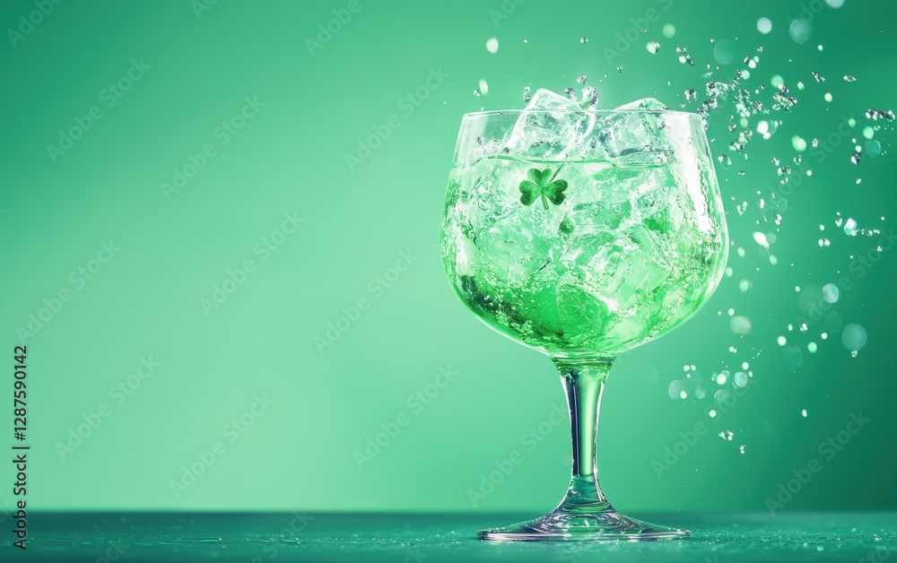 Levitating emerald gin and tonic with ice glow on turquoise background Saint Patrick Day Levitating emerald gin and tonic with ice glow on turquoise background Saint Patrick Day