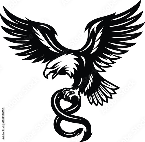 Eagle gripping a snake silhouette vector art, Eagle gripping a snake black line art vector illustration, Eagle gripping a snake isolated vector icon design