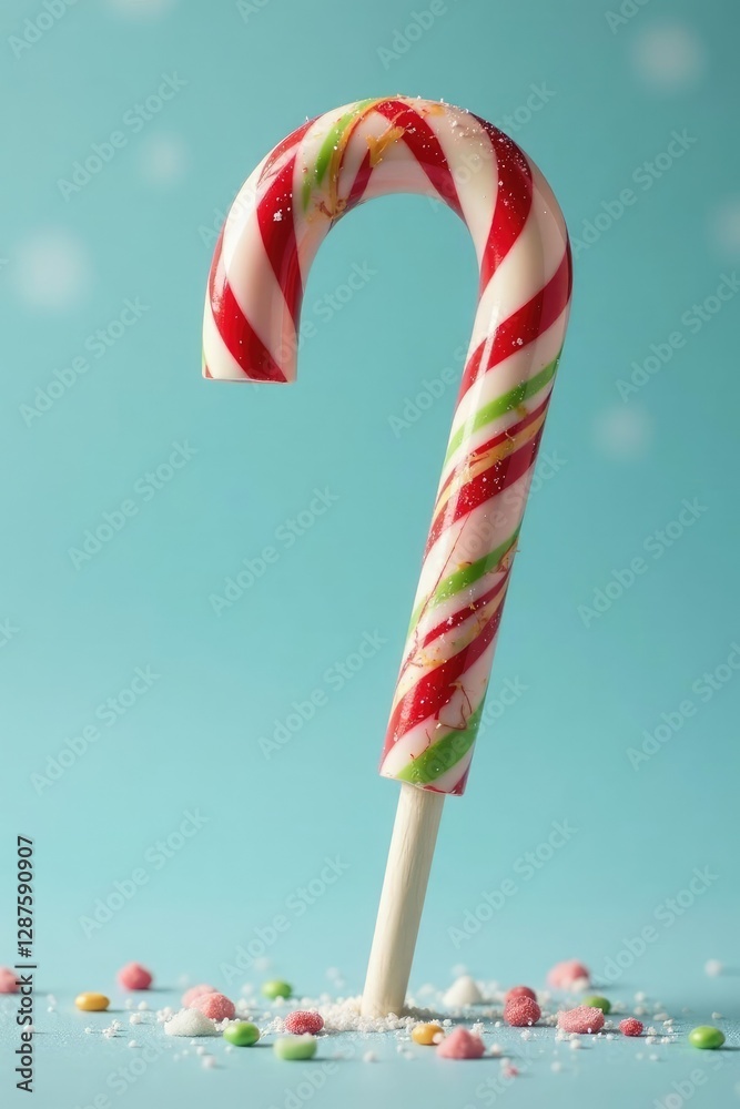 Fototapeta premium A Christmas lollipop cane with colorful stripes, sweet treat, lollipop, festive