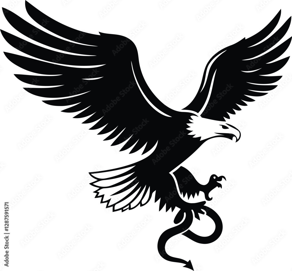 Obraz premium Eagle gripping a snake silhouette vector art, Eagle gripping a snake black line art vector illustration, Eagle gripping a snake isolated vector icon design