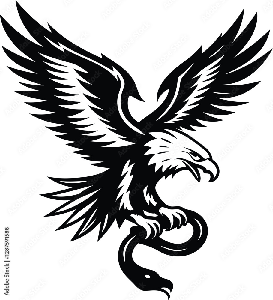 Obraz premium Eagle gripping a snake silhouette vector art, Eagle gripping a snake black line art vector illustration, Eagle gripping a snake isolated vector icon design