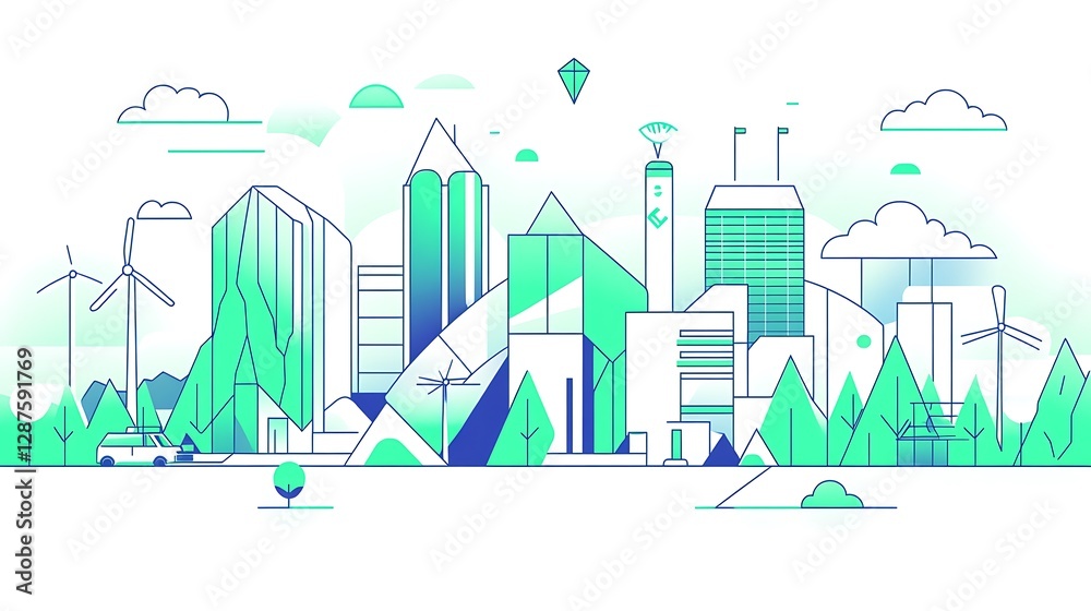 Fototapeta premium Line art illustration of an eco-friendly city with solar panels, wind turbines, and electric vehicles