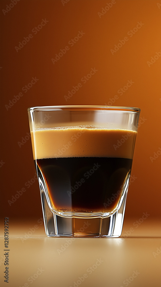 Double shot of espresso in a transparent glass with a rich crema on top Double shot of espresso in a transparent glass with a rich crema on top