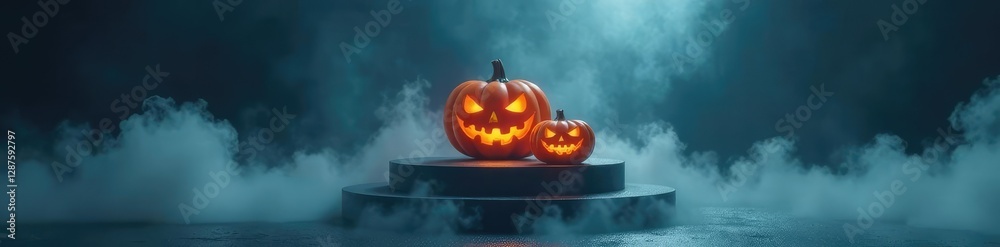 Naklejka premium Dense fog swirls around a hollowed podium adorned with eerie jack o lantern, halloween, smoke