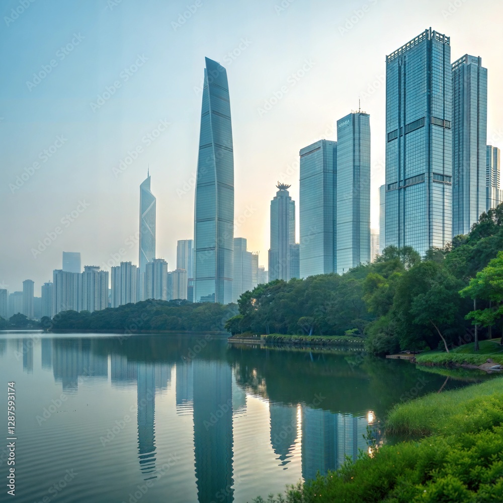 Obraz premium Modern Skyscrapers Reflecting on a Calm Lake at Dawn, downtown chicago skyline