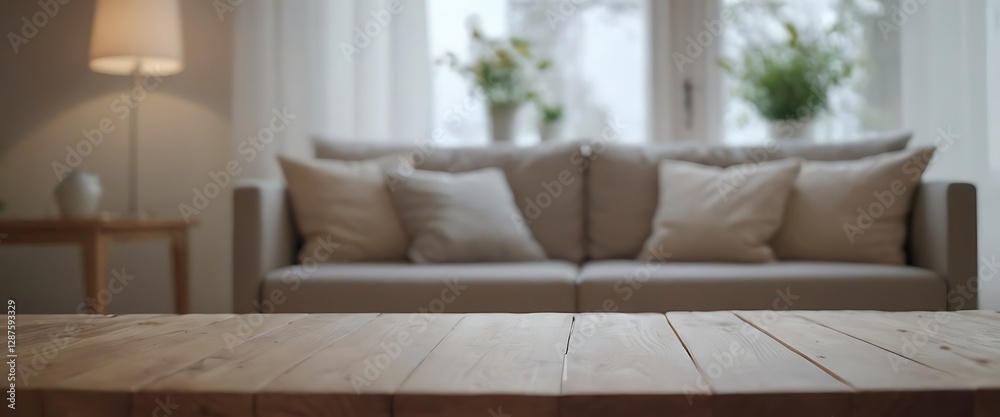 Naklejka premium wooden table with white blur living room,Empty white wooden table in beautiful living room. Space for design,apartment, blur, blurred, comfort, comfortable, contemporary,956