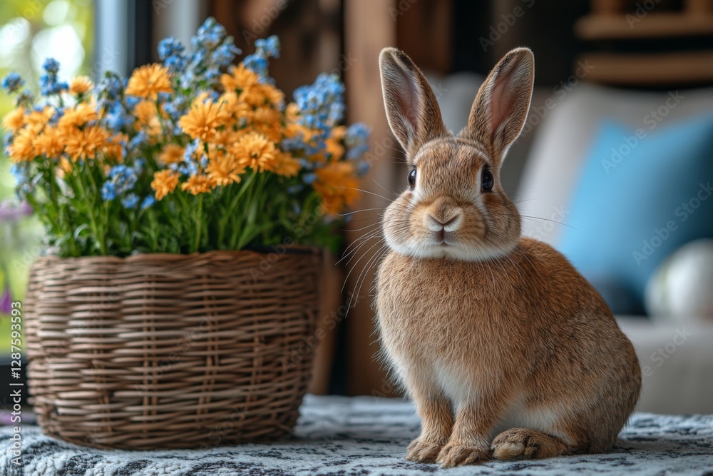 Bunny With Colorful Flowers And Basket