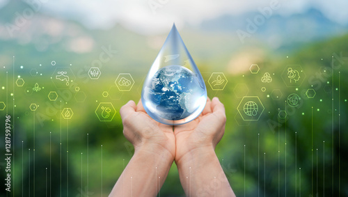 World Water Day. hands hold water drop. accelerating change. Saving water and world environmental protection concept. clean renewable energy. water for peace. Elements of this image furnished by NAZA. photo