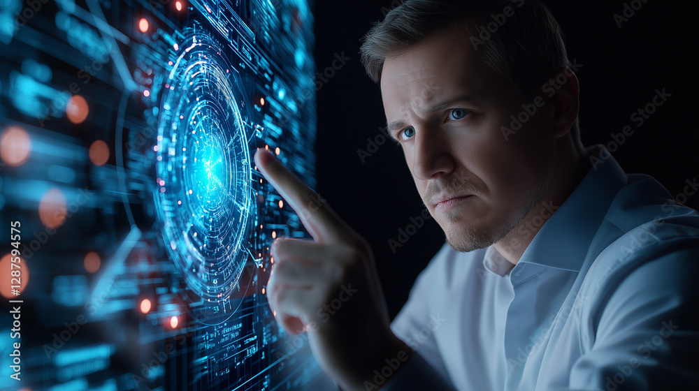 Fototapeta premium Quantum Computing Breakthroughs - A businessman interacts with an advanced computing interface, exploring limitless possibilities in tech-driven problem-solving. Working for th