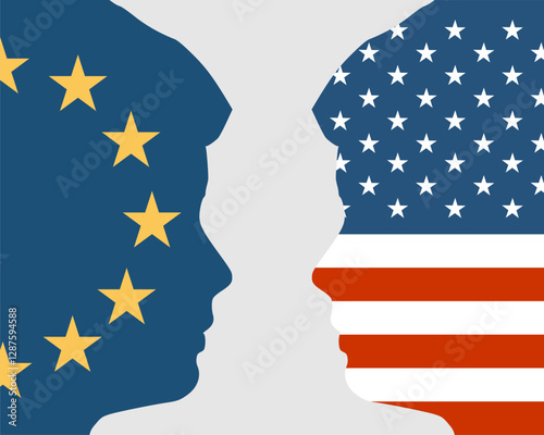 Image relative to politic and economic relationship between USA and European Union. National flags inside the heads of the businessmen. Teamwork concept.