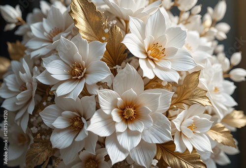 tiles design, flooring, wall, interior, home decor, texture, Ultra Detailed White and Gold Paper Flowers with Realistic Embossed Texture