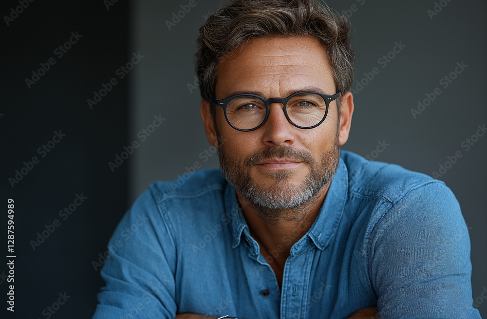 Confident Bearded Man in Glasses with Arms Crossed – Professional Portrait with Casual Blue Shirt, Isolated on White Background. Strong Expression, Sharp Focus, and Copy Space for Design Use Confident Bearded Man in Glasses with Arms Crossed – Professional Portrait with Casual Blue Shirt, Isolated on White Background. Strong Expression, Sharp Focus, and Copy Space for Design Use